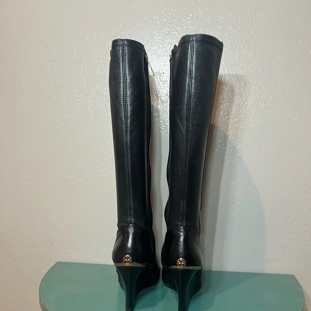Tory Burch Black Over the Knee Boots with Gold Detail